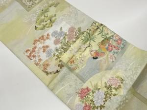 引箔色紙に松竹梅・鴛鴦・花々模様織出し袋帯